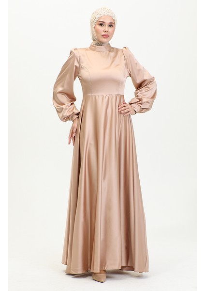 Kuplu Saten Abiye Elbise 52895-01 Vizon