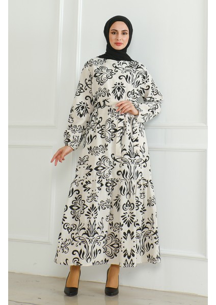 Desenli Kuşaklı Keten Elbise 0471B-03 Bej Siyah