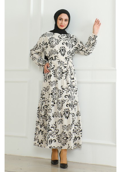 Desenli Kuşaklı Keten Elbise 0471B-03 Bej Siyah fiyatları