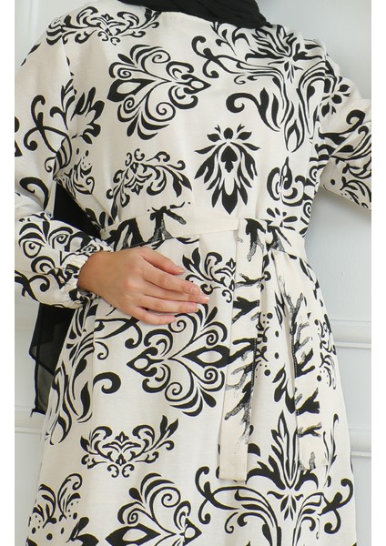 Desenli Kuşaklı Keten Elbise 0471B-03 Bej Siyah fırsatları