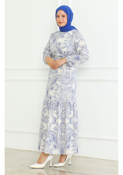 Desenli Kuşaklı Keten Elbise 0471C-01 Saks fiyatları