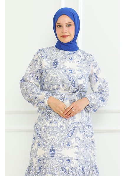 Desenli Kuşaklı Keten Elbise 0471C-01 Saks modelleri