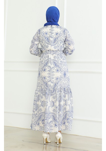 Desenli Kuşaklı Keten Elbise 0471C-01 Saks fırsatları