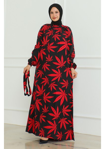 Desenli Kuşaklı Elbise 0477-03 Siyah Kırmızı fiyatları