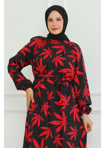 Desenli Kuşaklı Elbise 0477-03 Siyah Kırmızı modelleri