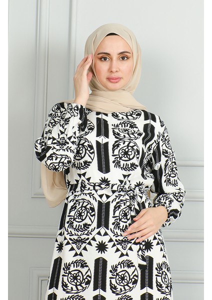 Desenli Kuşaklı Viskon Elbise 0499-02 Beyaz Siyah