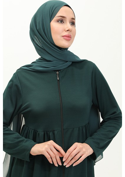 Büzgülü Fermuarlı Ferace 0695-06 Zümrüt Yeşili