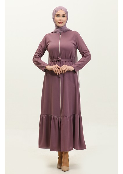 Etek Ucu Büzgülü Kuşaklı Ferace 0703-02 Lila