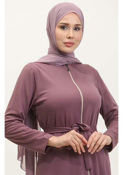 Etek Ucu Büzgülü Kuşaklı Ferace 0703-02 Lila modelleri