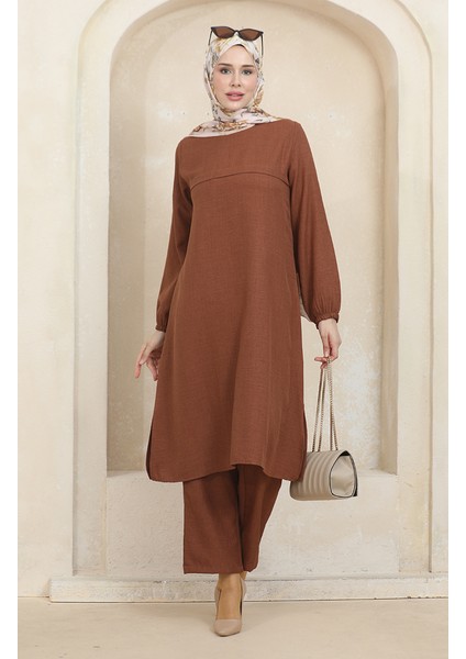 Kolu Lastikli Tunik Pantolon Ikili Takım 1005-05 Kahverengi