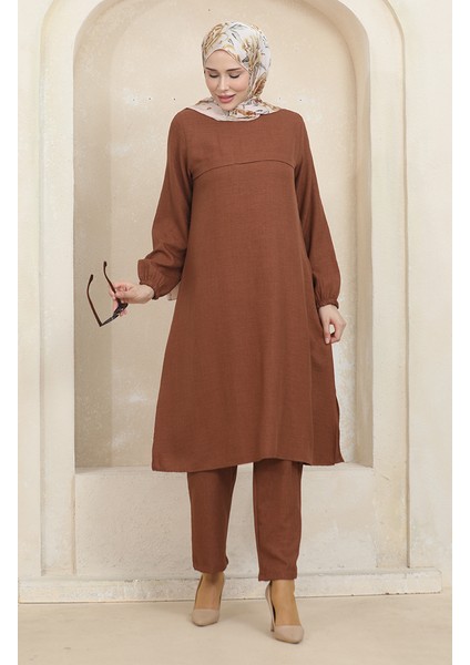 Kolu Lastikli Tunik Pantolon Ikili Takım 1005-05 Kahverengi