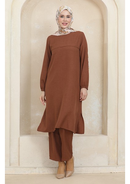 Kolu Lastikli Tunik Pantolon Ikili Takım 1005-05 Kahverengi