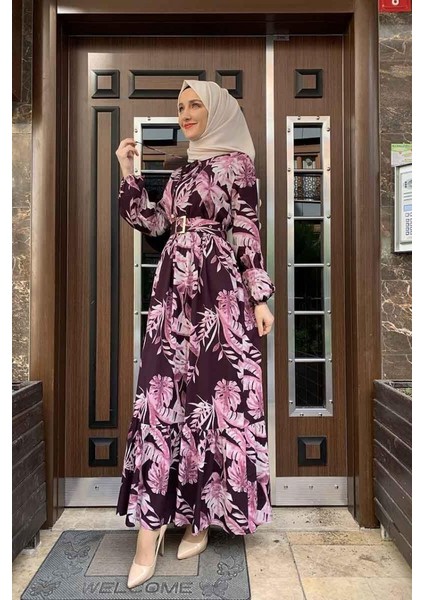 Palmiye Desenli Elbise 0228-03 Mürdüm