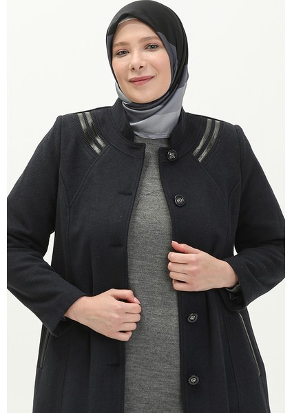 Büyük Beden Boydan Düğmeli Kaşe Kaban 0417-04 Lacivert