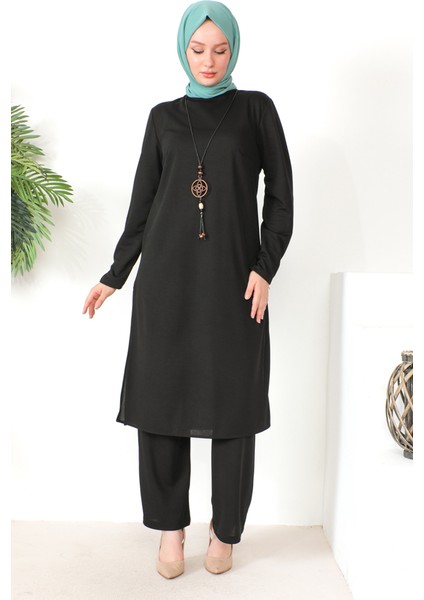Kolyeli Tunik Pantolon Ikili Takım 8585-01 Siyah