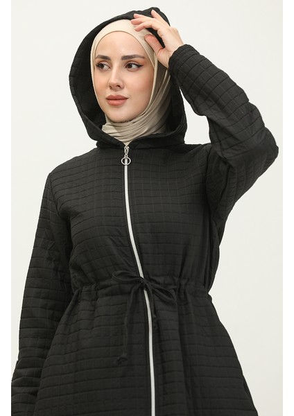 Kapüşonlu Beli Büzgülü Kap 0314-03 Siyah