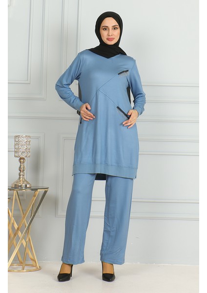 Püskül Detaylı Tunik Pantolon Ikili Takım 20042-06 Mavi