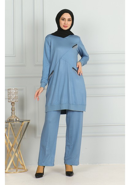 Püskül Detaylı Tunik Pantolon Ikili Takım 20042-06 Mavi
