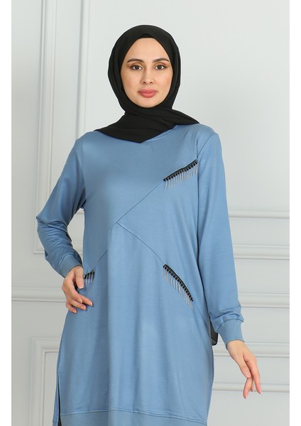 Püskül Detaylı Tunik Pantolon Ikili Takım 20042-06 Mavi