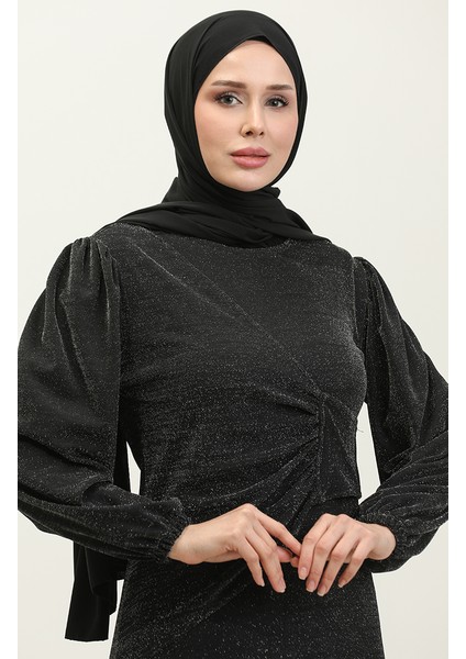 Alime Simli Abiye Elbise 0337-01 Siyah