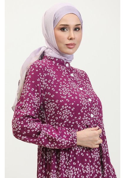 Gülsüm Yarım Düğmeli Çiçekli Viskon Elbise 0358-02 Mürdüm