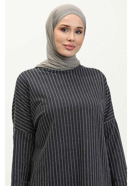 Yarasa Kol Çizgili Elbise 8673-01 Lacivert modelleri