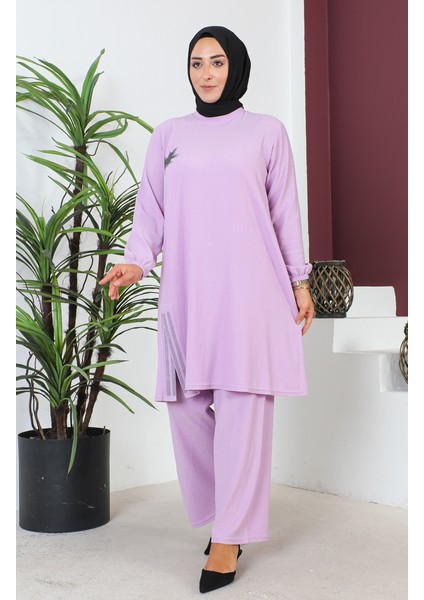 Büyük Beden Bürümcük Tunik Pantolon Ikili Takım 2608-10 Lila