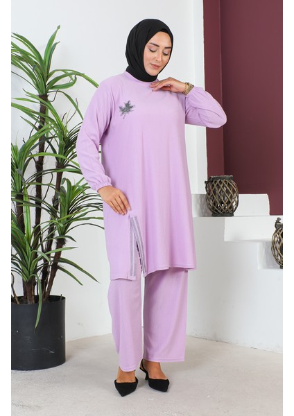 Büyük Beden Bürümcük Tunik Pantolon Ikili Takım 2608-10 Lila modelleri