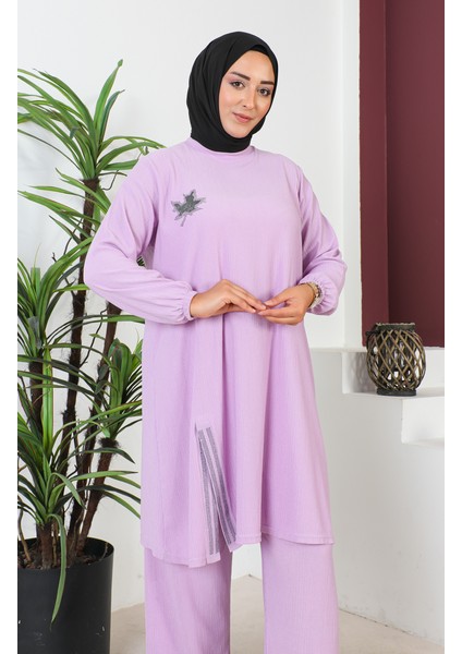 Büyük Beden Bürümcük Tunik Pantolon Ikili Takım 2608-10 Lila fırsatları