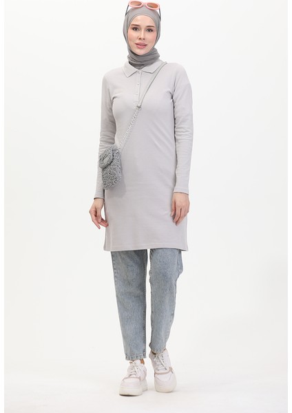 Polo Yaka Patlı Tunik 10346-01 Gri