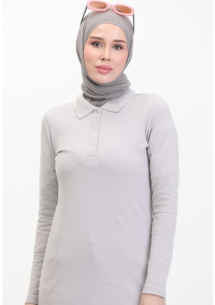 Polo Yaka Patlı Tunik 10346-01 Gri