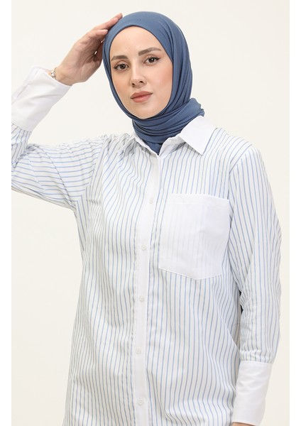 Çizgili Garnili Tunik 4821-05 Beyaz Mavi