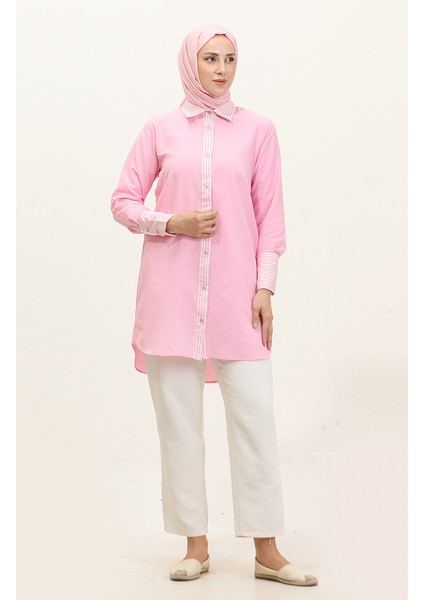 Çizgili Garnili Tunik 4823-07 Pembe