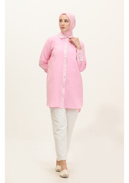 Çizgili Garnili Tunik 4823-07 Pembe