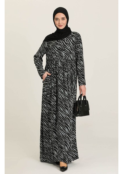 Desenli Viskon Elbise 3364A-01 Siyah