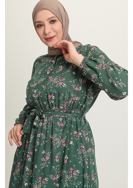 Çiçek Desenli Viskon Elbise 5068-02 Yeşil