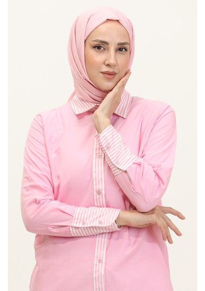Çizgili Garnili Tunik 4823-07 Pembe