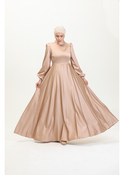 Kuplu Saten Abiye Elbise 52895-01 Vizon modelleri