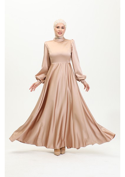 Kuplu Saten Abiye Elbise 52895-01 Vizon fırsatları
