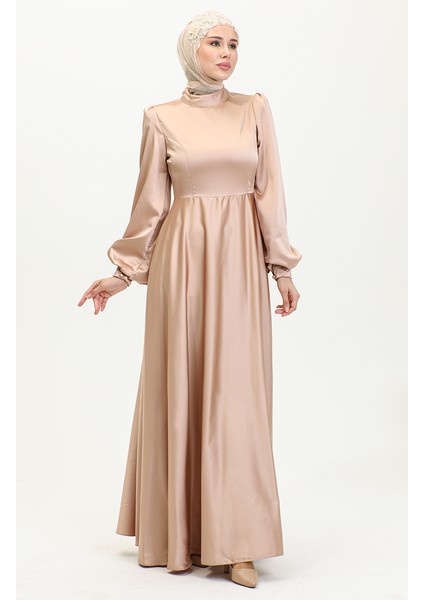 Kuplu Saten Abiye Elbise 52895-01 Vizon indirimleri