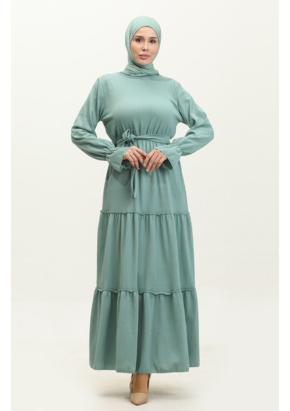 Kolları Volanlı Kuşaklı Elbise 0304-02 Çağla Yeşili