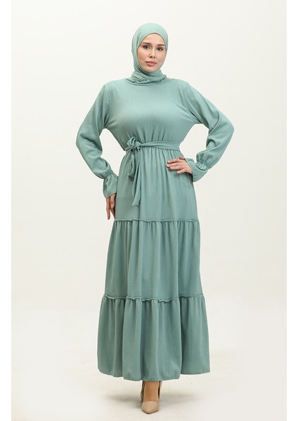 Kolları Volanlı Kuşaklı Elbise 0304-02 Çağla Yeşili fiyatları