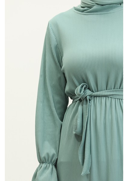 Kolları Volanlı Kuşaklı Elbise 0304-02 Çağla Yeşili fırsatları