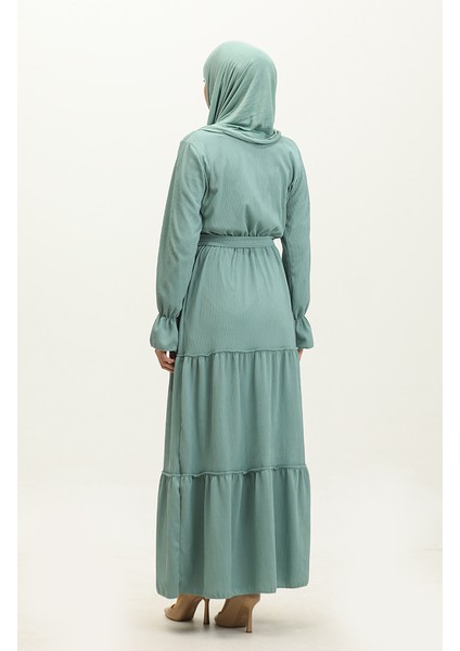 Kolları Volanlı Kuşaklı Elbise 0304-02 Çağla Yeşili indirimleri