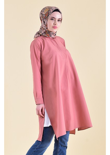 Gizli Düğmeli Yırtmaçlı Tunik 6478-02 Soğan Kabuğu