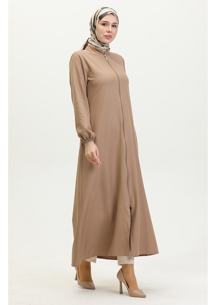 Kol Ucu Lastikli Fermuarlı Düz Ferace 1013-04 Bej