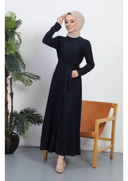 Kuşaklı Elbise 0582-02 Lacivert