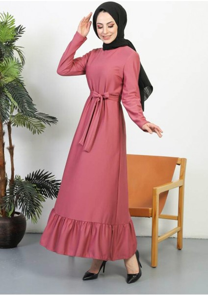 Kuşaklı Elbise 0582-11 Gül Kurusu