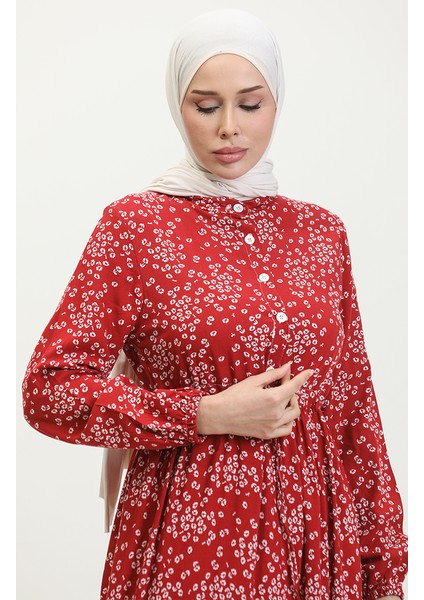Gülsüm Yarım Düğmeli Çiçekli Viskon Elbise 0358-05 Bordo