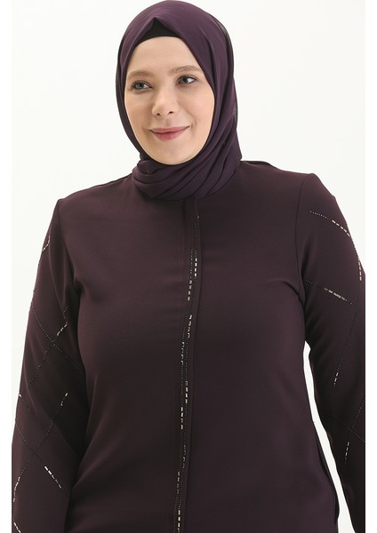 Büyük Beden Taş Baskılı Ferace 5045-03 Mürdüm